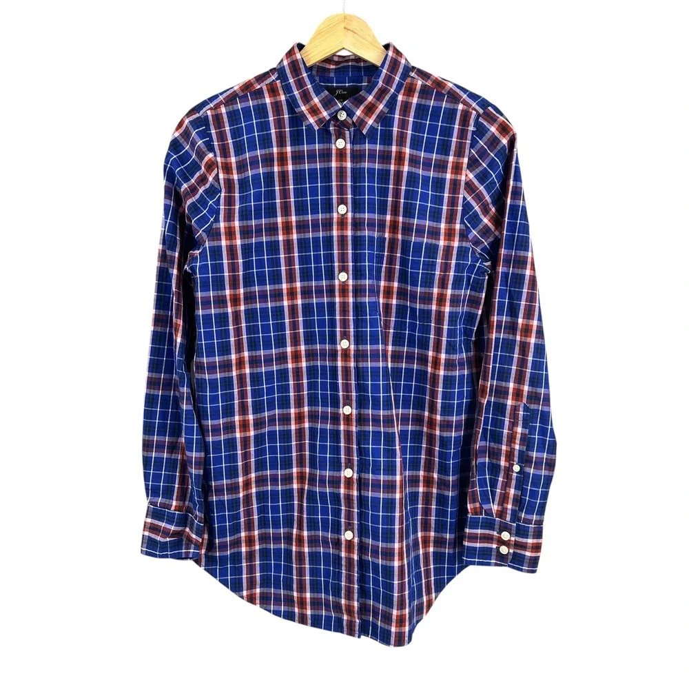 J Crew Womens Blue Red White Plaid Button Up Shirt XS Long Sleeve Cotton